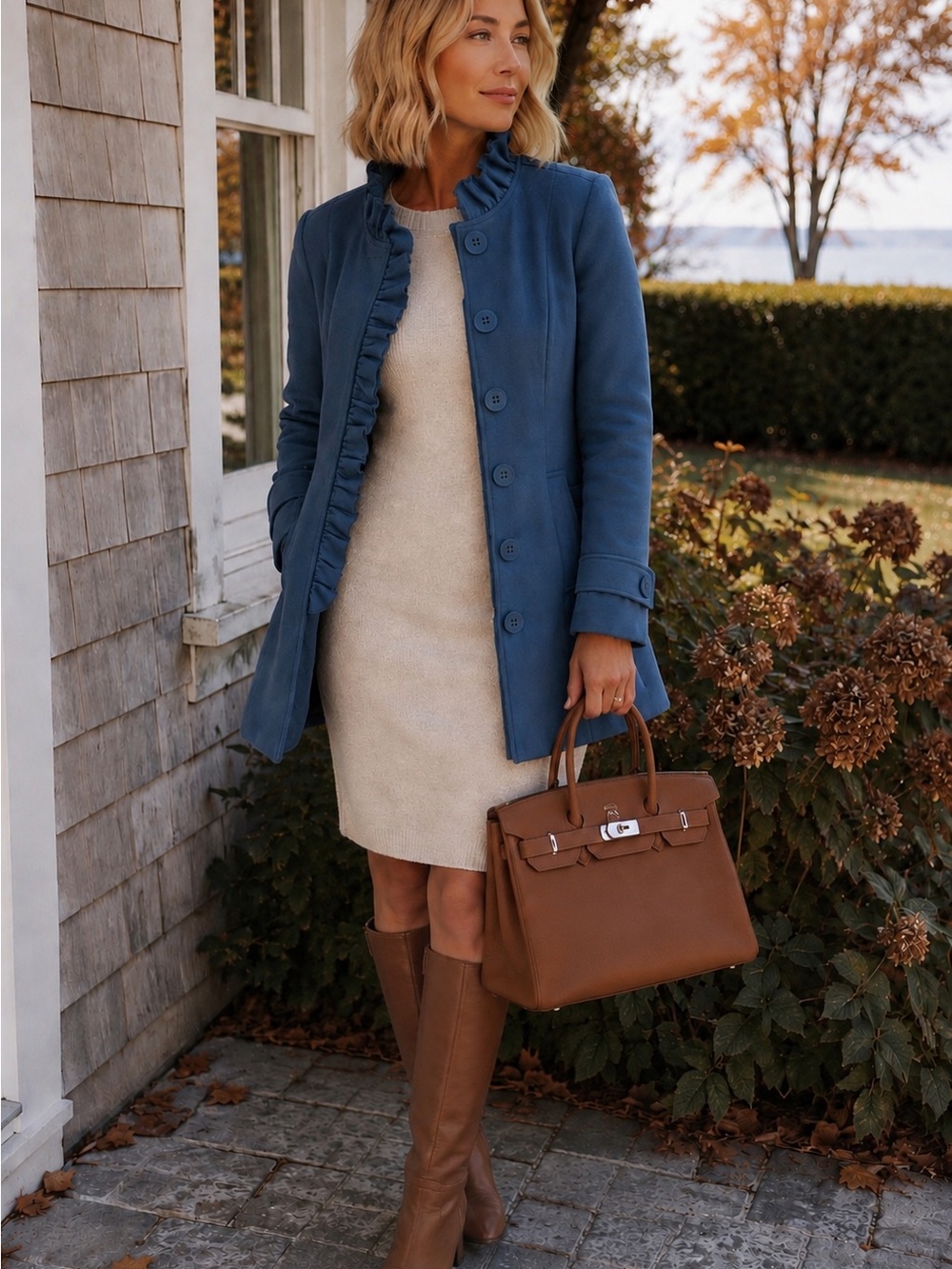 Tulle Anthropologie Blue Wool Blend Ruffle Front Coat Coat Size M